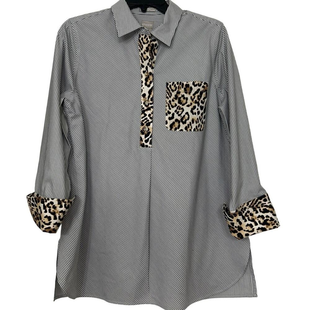 Chico’s No Iron Coolmax Striped Tunic Pop Over Top Leopard Trim Chic Classic M